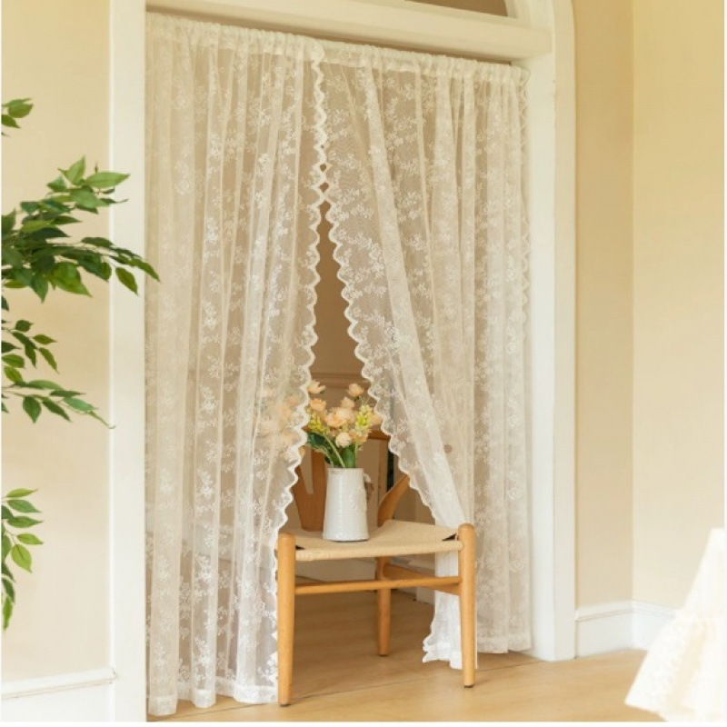 French-Style No-Separation Window Perforated Curtain, White Lace Sheer Curtain, New Rod-Mounted Bay Window Door Curtain, Magic Tape Curtain