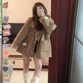女款外套毛呢棉大衣拼接秋冬季夹格纹中长款新款呢子2025保暖黜焚