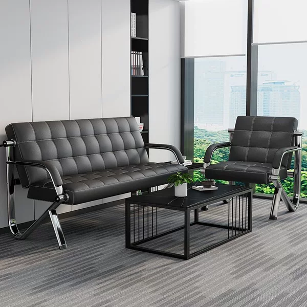 Office Sofa, Simple Modern Style, Suitable for Office Reception and Business Meetings, Three-Seater Sofa, Coffee Table, Cat-Scratch Resistant Leather Reception Sofa