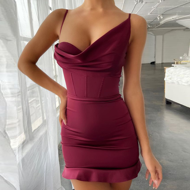Solid Color Sling Backless Mid-Waist Ruffled Dress NSSMX112824