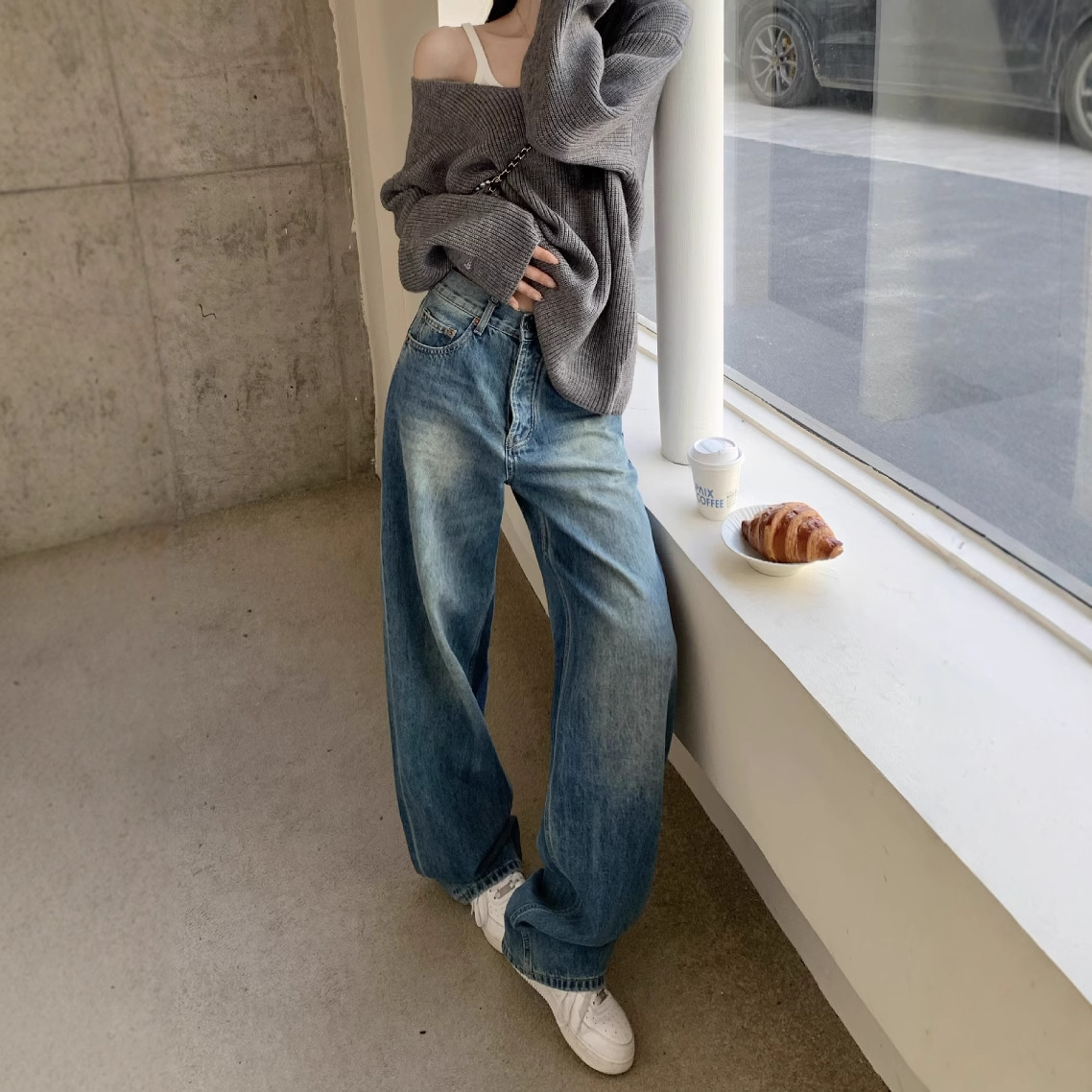 RHGD 진짜 샷  오프닝 신 바지로 장미  여자 느슨한 올매치 스태킹 유행 편안한 청바지