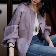 苎麻 凉感空调衫衬衫 圆领短款轻薄外套遮阳罩衫粉色女装夏季
