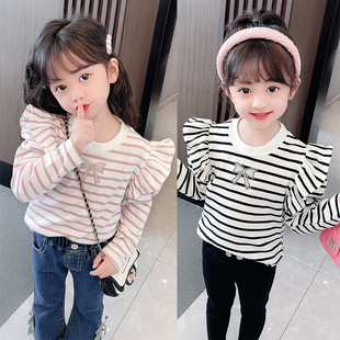 Girls' Clothing Kidsren's 2025 New Spring Tops Stripesd Shirts Bottoming Shirts Flying Sleeves Butterfly Pullover Cotton Long-Sleeved t
