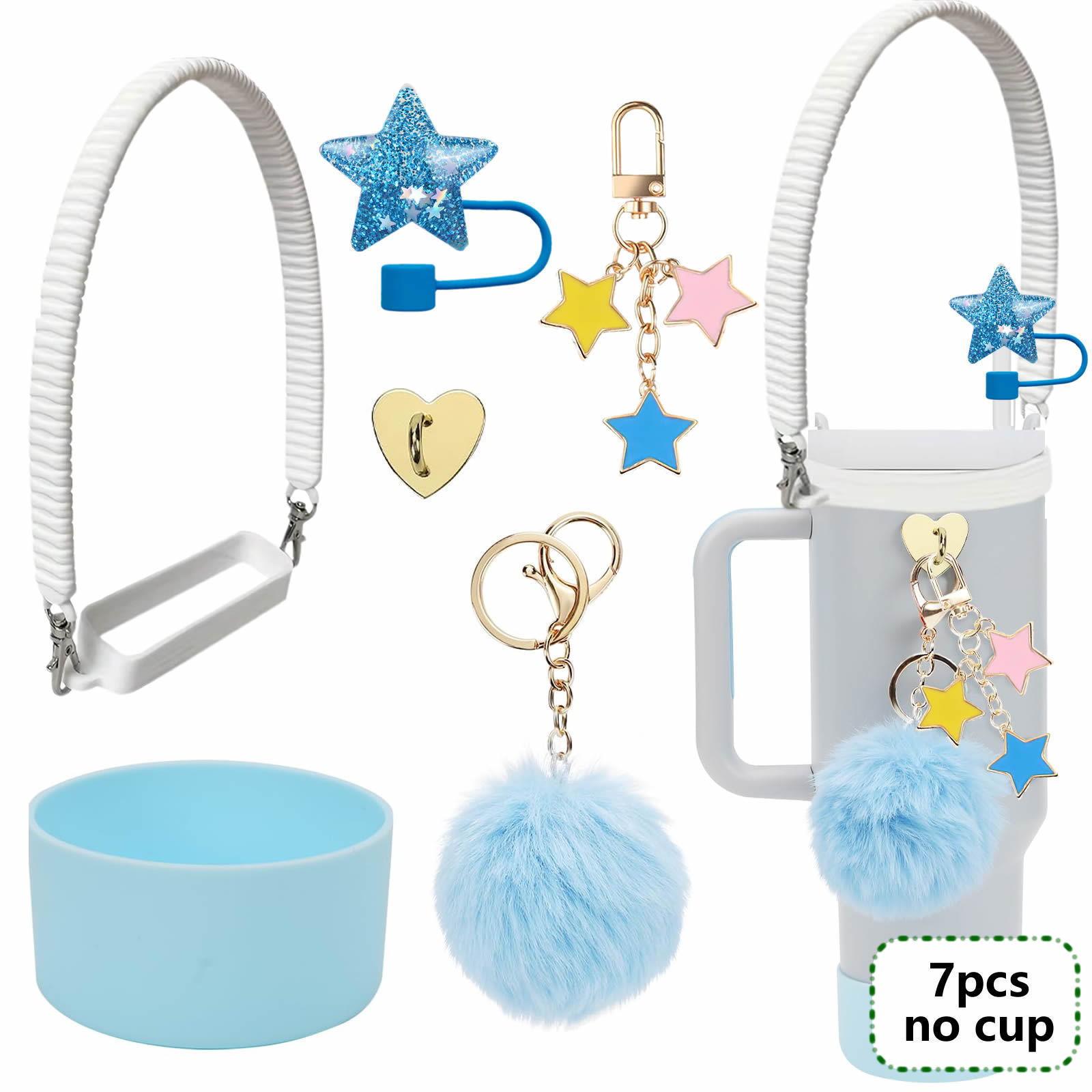 7pcs taza Stanley cuerda de mano colgante de silicona flor tapa de pajita bola de felpa colgante de copa cadena de taza de color