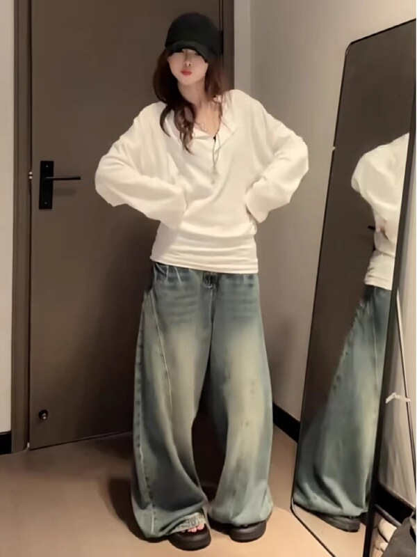 大码胖MM慵懒宽松气质v领蝙蝠袖上衣女早秋小众设计感百搭显瘦T恤|undefined