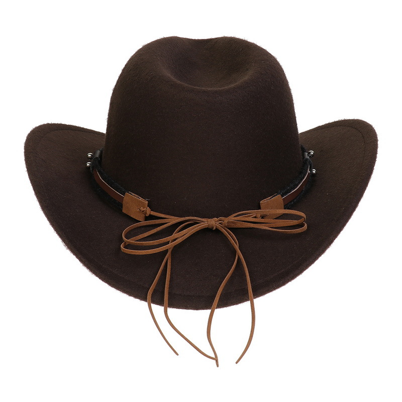 Nuovo cappello da cowboy dell'Europa occidentale, catena in pelle di vacchetta di lana, cappello jazz con bordo rialzato, cappello tibetano retrò, tendenza del cappello in feltro_voghion.com
