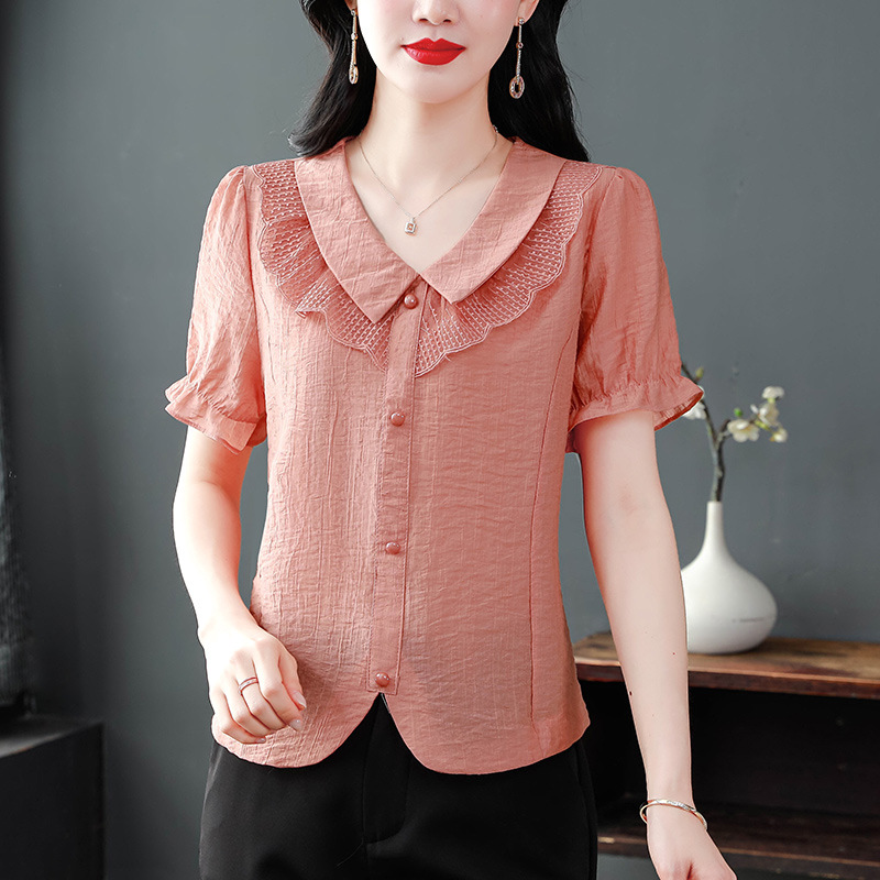 名牌专柜女装时髦减龄法式精致简约小衫设计感娃娃领洋气妈妈短袖