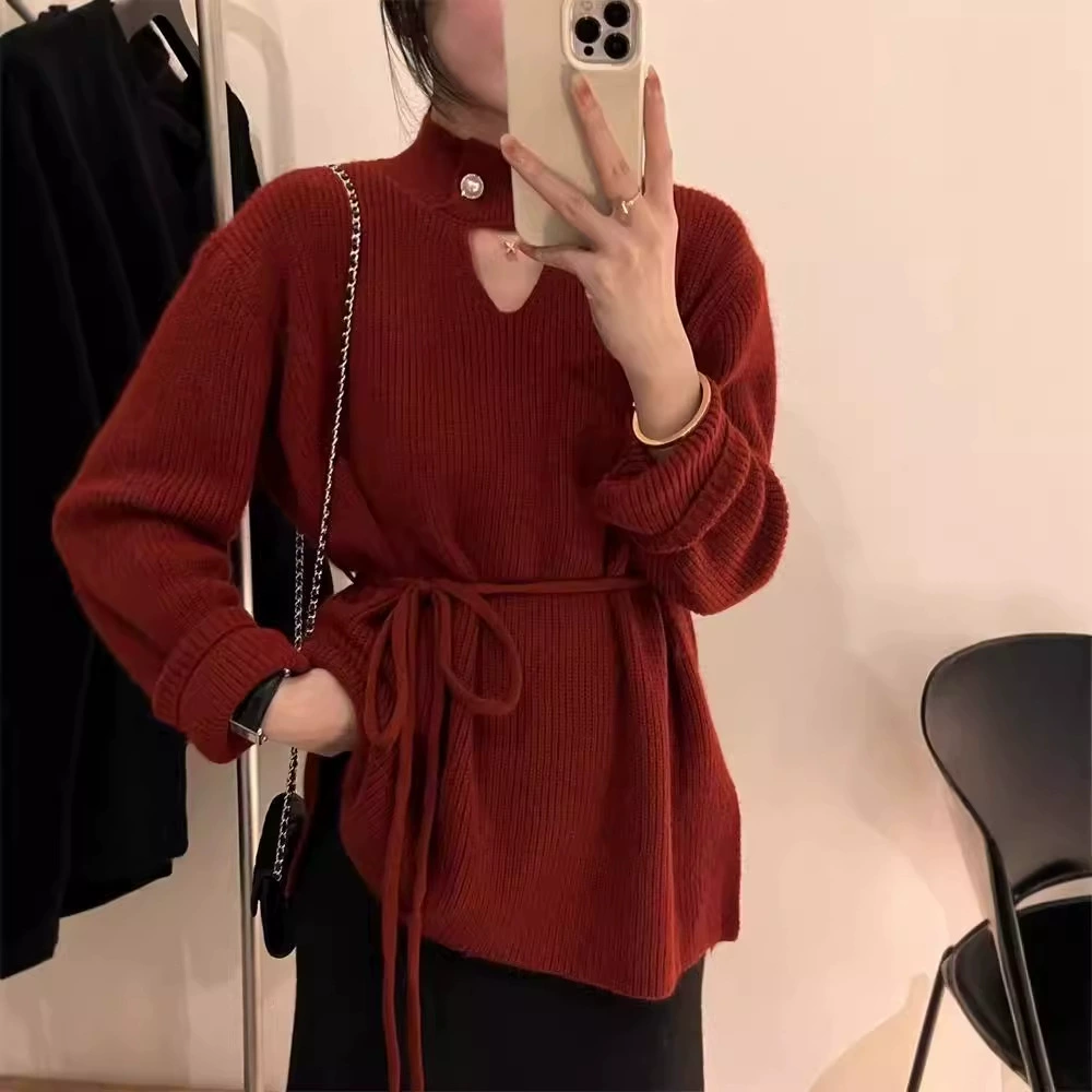 Демисезонный бархатный свитер, длинная knitted пояс, корейский стиль, средняя длина