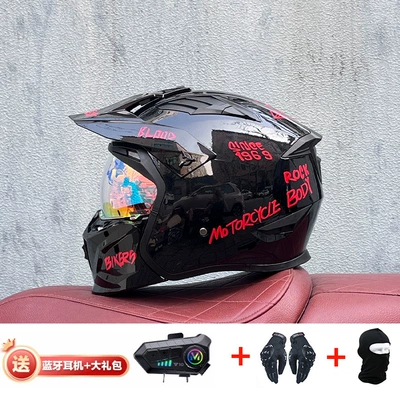 Motorcycle Safety Supplies — Retro Removable 3C Combination Helmet - black-red-lamp-with-magic-color-red-y10-external-bluetooth-m