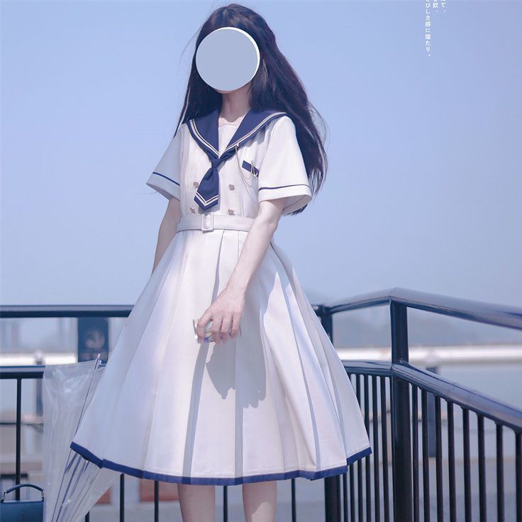 2025 New Summer Style Japanese Style Jk Sailor Suit Navy Collar Dress Women's Waist Mid-Length Pleated A-Line Skirt