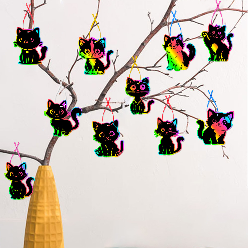 Nueva decoración de cumpleaños, tarjeta de rascar de bricolaje para gatos, adornos de pintura de raspado de gato colorido, adornos de decoración de fiesta de cumpleaños, adornos