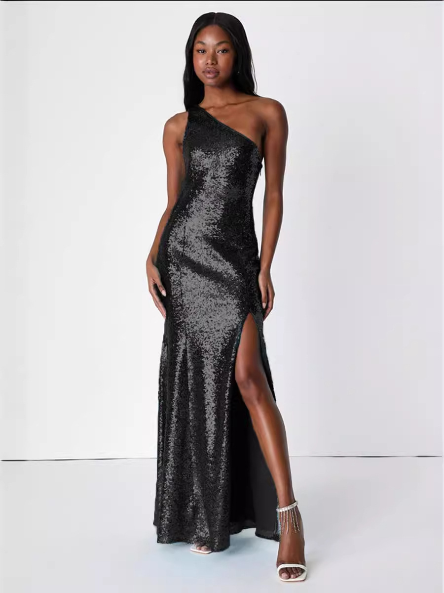 Vestido de vestido sexy con lentejuelas de un solo hombro de la fiesta de Amazon de las nuevas mujeres europeas y americanas transfronterizas (2 colores)