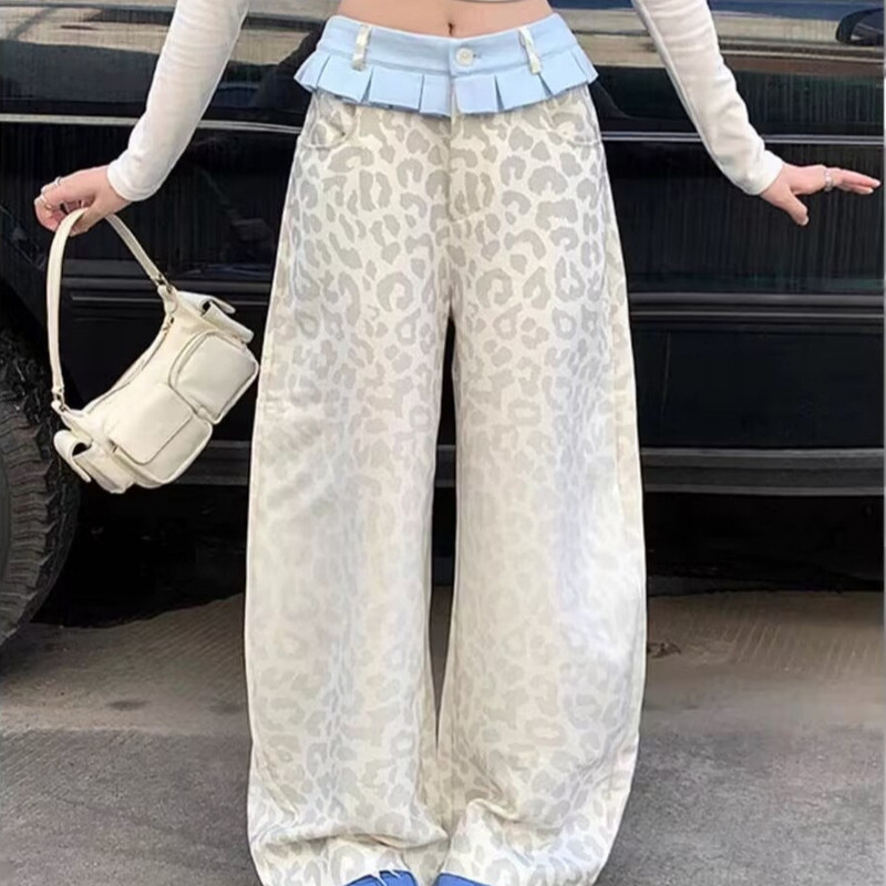 American Retro Spliced ​​Leopard Print Wide-Leg Jeans 2025 New Hot Girl Style Personalized Skirt Design Floor-Length Pants for Women