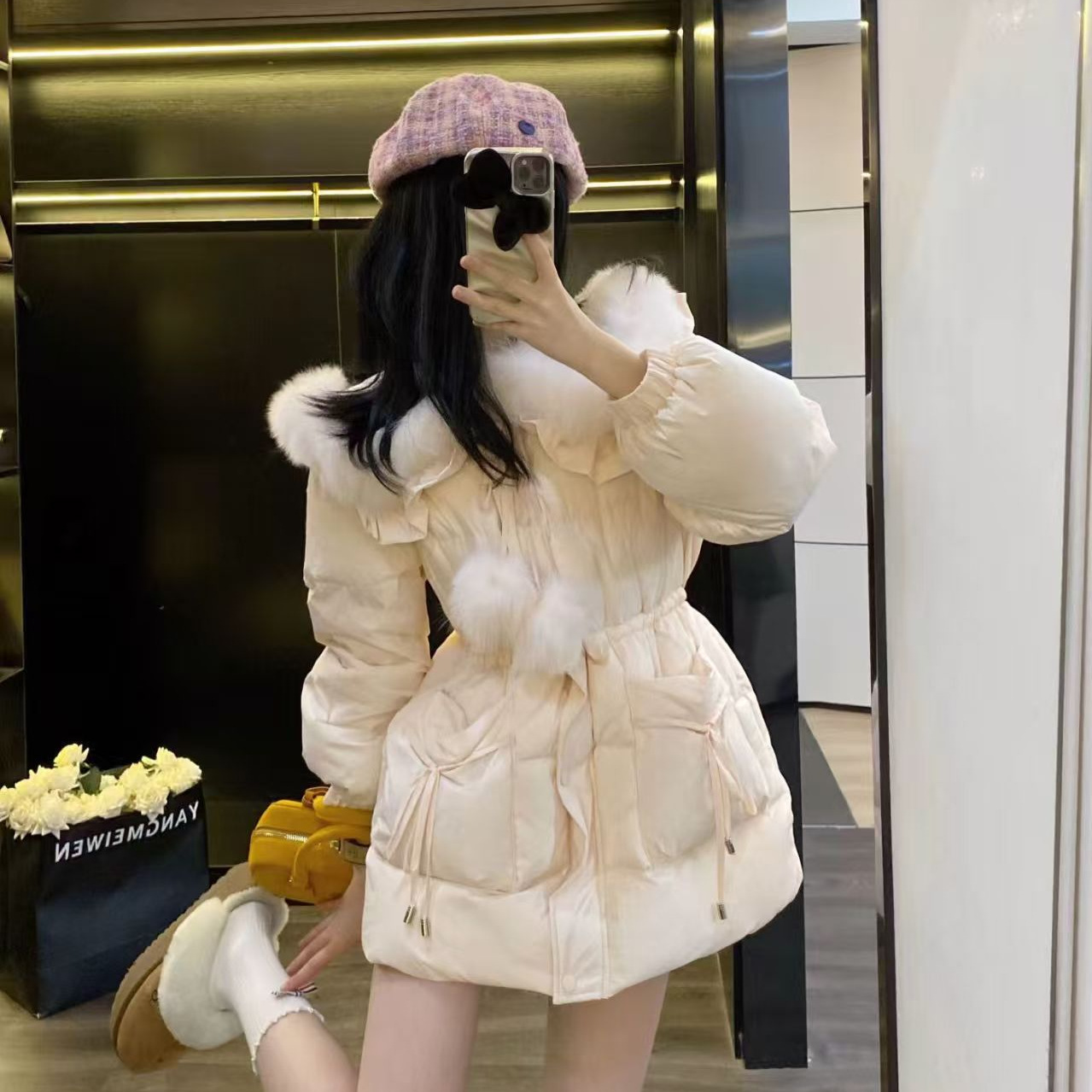 彧言 小奶球狐狸毛领90白鸭绒中长羽绒服收腰洋气真毛领显瘦外套