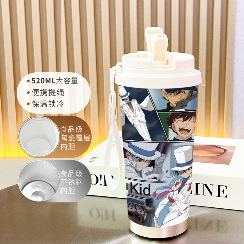 新款名侦探柯南保温吸管水杯大容量高颜值随身杯不锈钢双饮咖啡杯|undefined