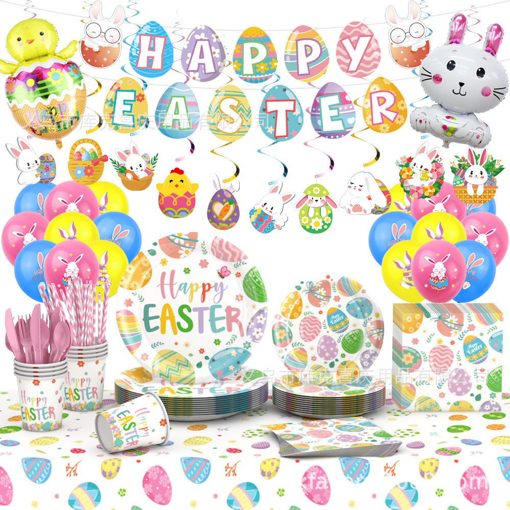 Nuevo tema de huevo de Pascua artículos de decoración de fiesta vacaciones bandeja de papel desechable taza de papel toalla de papel juego de vajilla