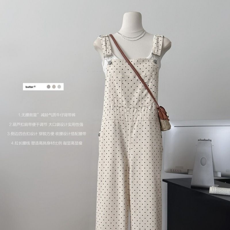韩系波点牛仔背带裤女新款小个子减龄宽松显瘦连体阔腿裤|undefined