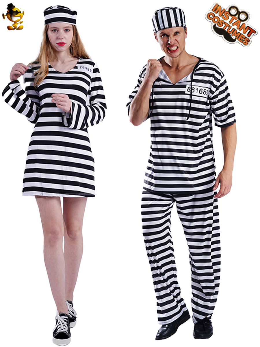 Halloween pareja traje de rayas blanco y negro partido prisionero cosplay etapa