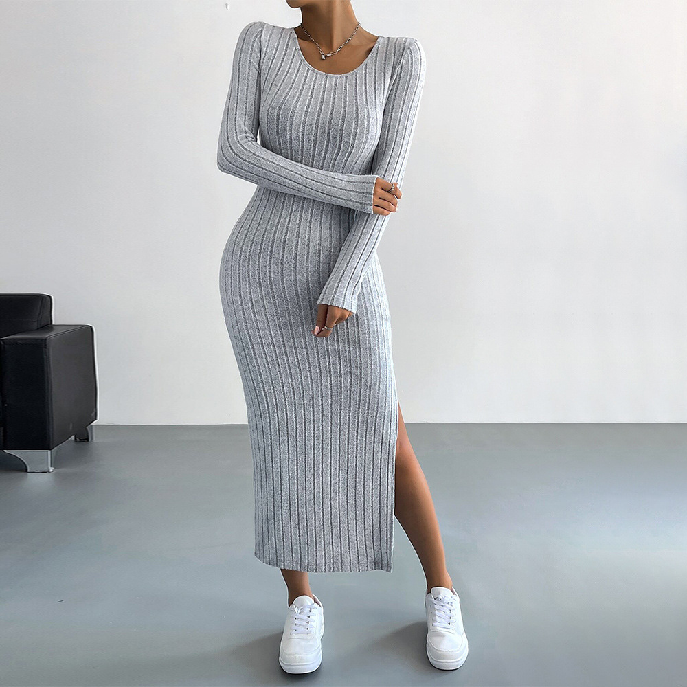 European and American Cross-Border Amazon Women's Autumn and Winter New Long-Sleeved Round Neck Half-Slit Slim Knitted Long Dress