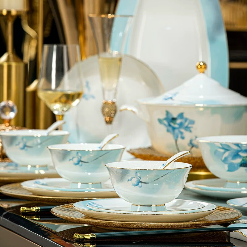 Jingdezhen high-end embossed gold-rimmed dishes and plates household ceramic tableware set underglaze color ceramic housewarming gifts