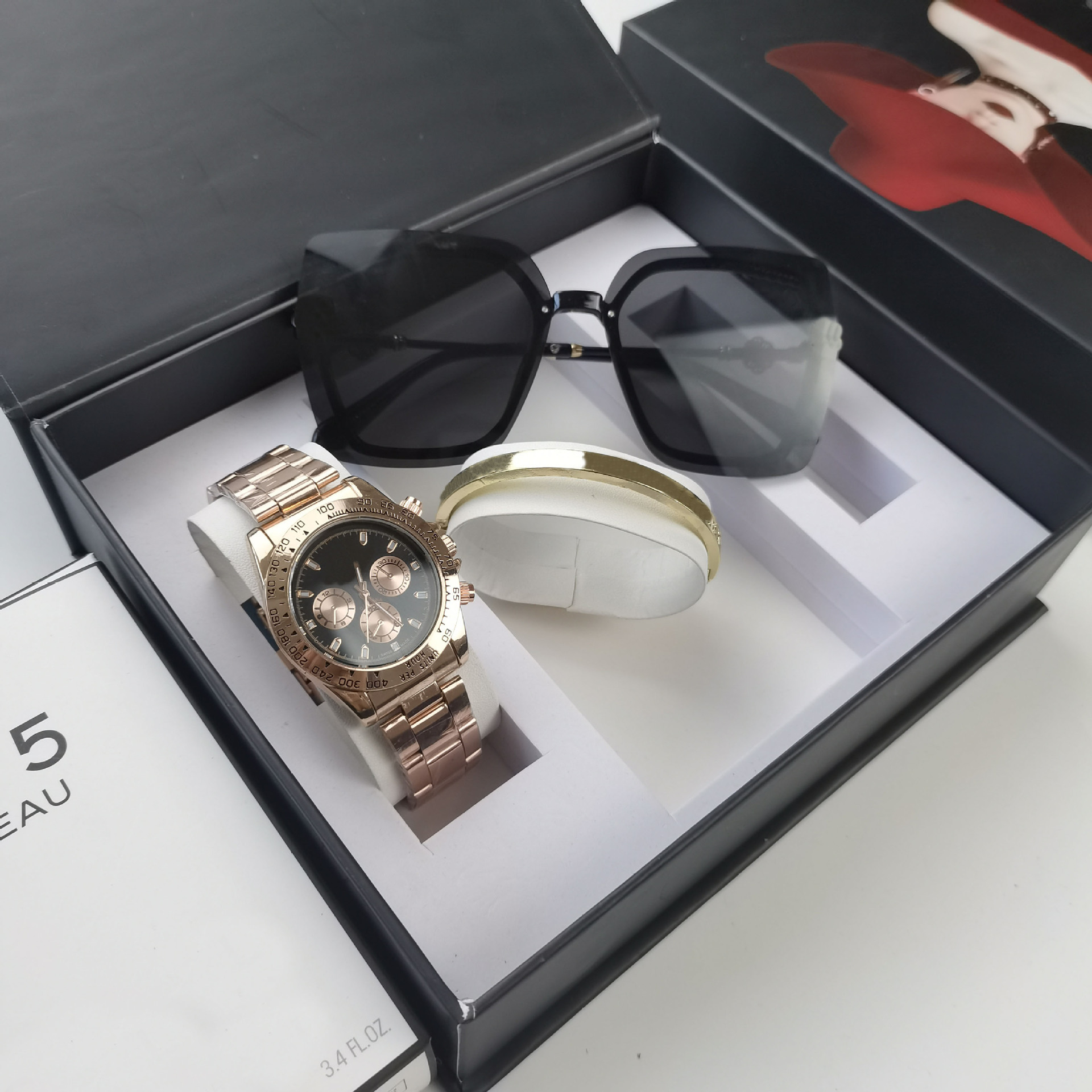 Sunglasses set rose gold black three-eyed steel