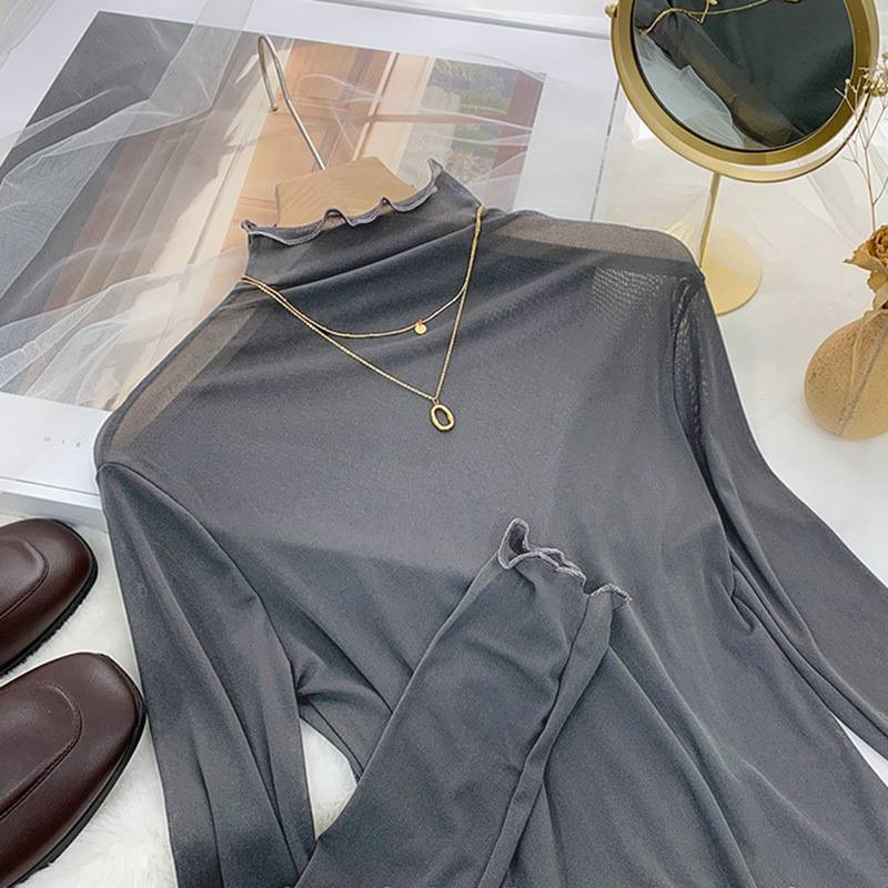 Slim High-Neck Long-Sleeve Lace Base Shirt for Women, Thin Mesh Top for Spring and Autumn, Black Ruffled Mesh Blouse for Women