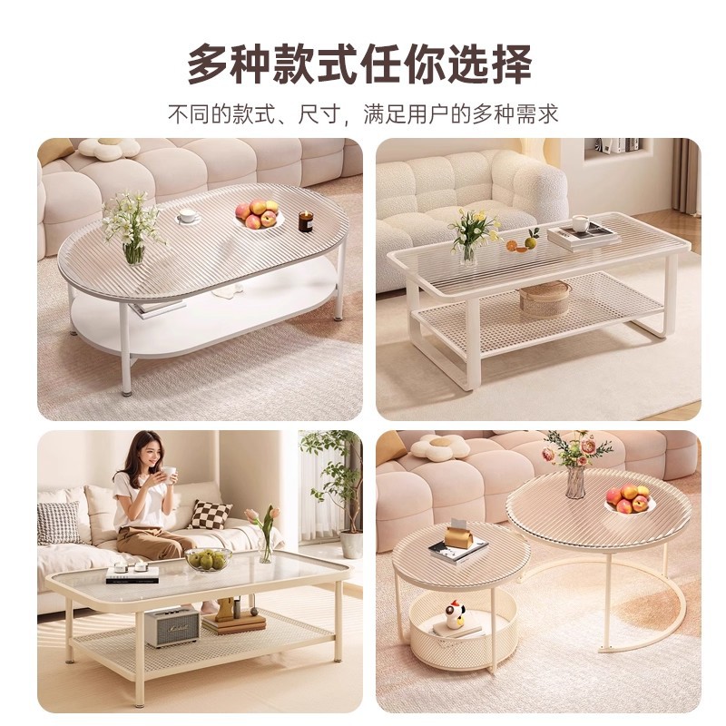 Mesa de té de vidrio sala de estar doméstica 2025 nueva mesa de lujo ligera y alta sensación de estilo crema de viento pequeño balcón mesa de té