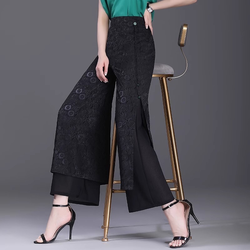 中国風のスリットパンツ女性の夏薄いハイウエストルーズストレートパンツスリムドレープジャカードアイスシルクワイドレッグパンツ|undefined