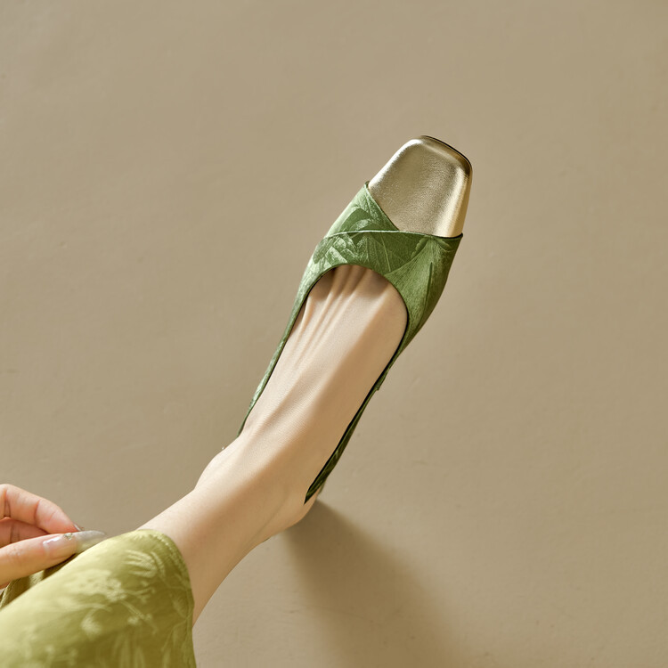 Sandal bít mũi nữ da bò phối màu gót thô 5 cm — Màu xanh lá, Màu mơ chi tiết 45
