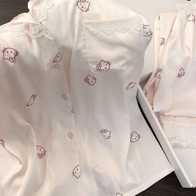 【现货】甜美Kitty花边长袖睡衣女春秋季冰丝亲肤长裤家居服套装|undefined