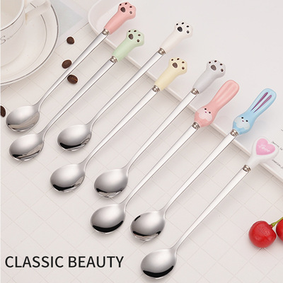 originality ceramics Handle Spoon coffee Stirring spoon lovely Cartoon Spoon Tsp stainless steel Long handle Cup spoon