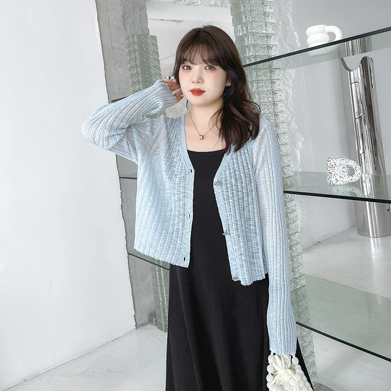 Cardigan, knitted thin summer jacket, plus size, V-neckline, fitted