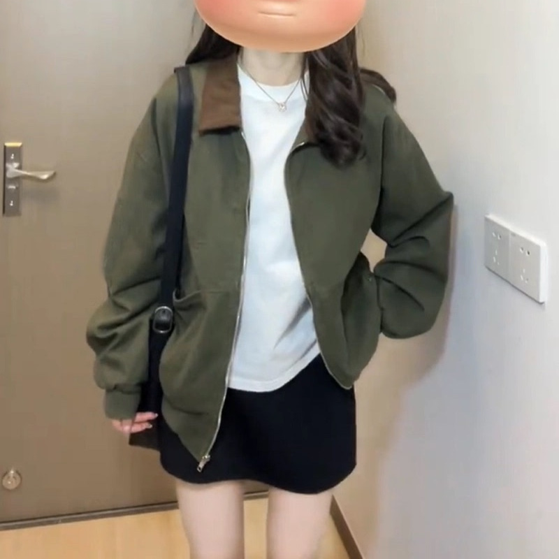 美式复古撞色拼接夹克外套女2025春秋新款设计感小众Polo领棒球服|undefined