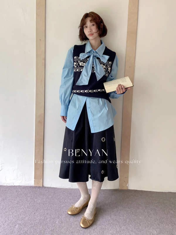BENYAN本言 十三行法式温柔风提花v领无袖跌穿针织背心毛衣女3568|undefined
