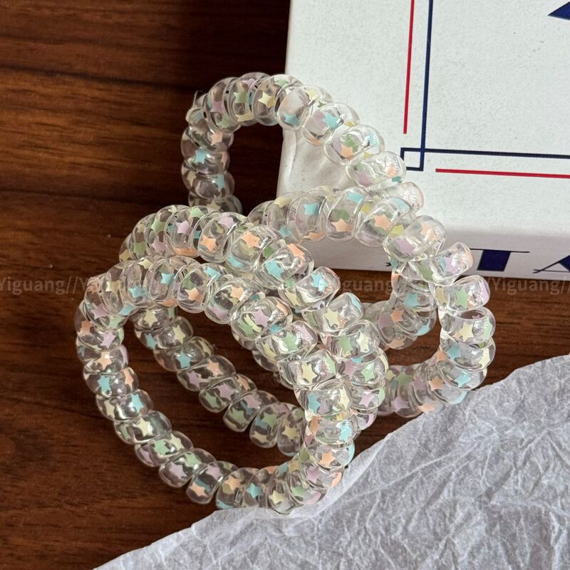 Colorful Star Transparent Telephone Cord Hair Tie, New Spring/Summer Model, High Elasticity, No Trace, No Damage to Hair, Versatile Girl's Hair Accessory