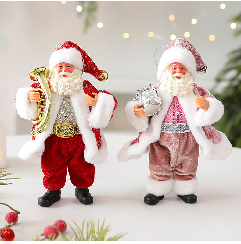 Santa Claus Christmas Doll Ornament – 18cm Fabric Decoration For Tree & Shelf (Red/Green, Pink, Red-Gold With Horn Or Drum)_voghion.com