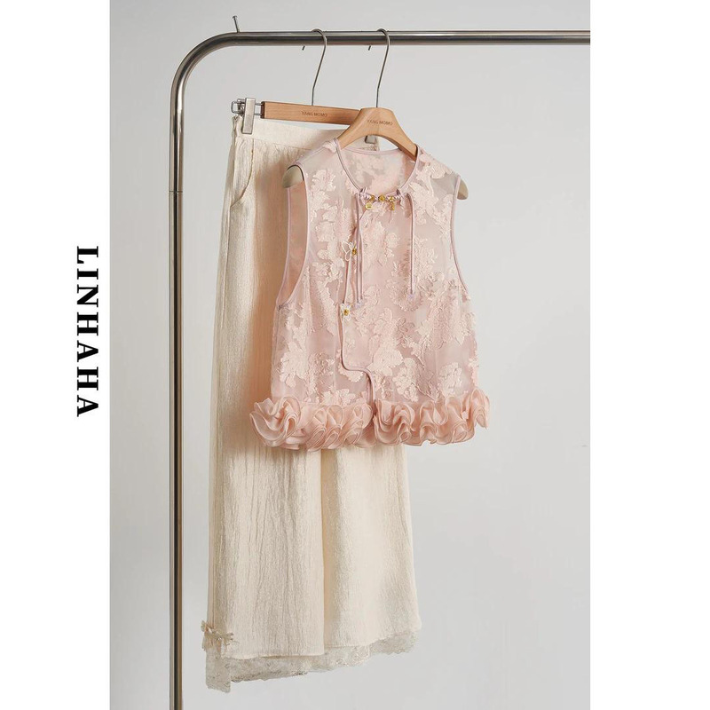 Summer Suit for Women 2025 New Chinese Retro Cut Pink Sleeveless Top with Elegant Straight Pants Two-Piece Set