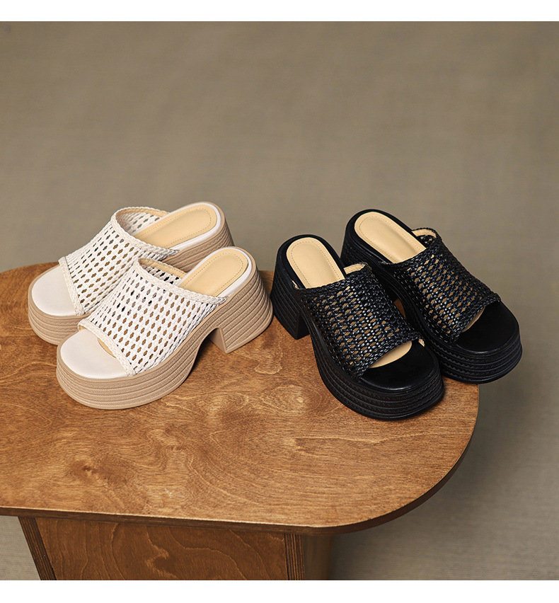 Sandal cao gót nữ đế dày phong cách La Mã, mũi hở, quai đan lộng lẫy — màu đen, màu trắng ngà chi tiết 14
