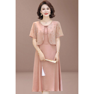 New Chinese Style Mother's Dress Summer Dress 2025 New Dignified and Elegant Middle-Aged and Elderly Women's Fake Two-Piece Chiffon Skirt