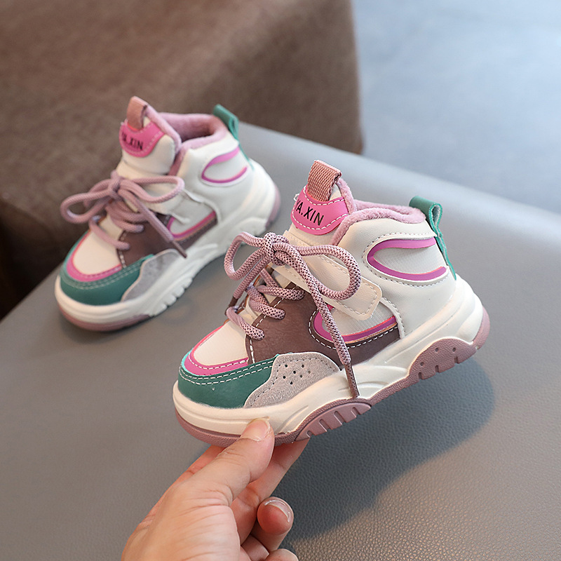 Girls' Sports Shoes 2024 Autumn and Winter New Trendy Brand High-Top Sneakers Cute Cartoon Decoration Boys' Second Cotton Casual Shoes_voghion.com