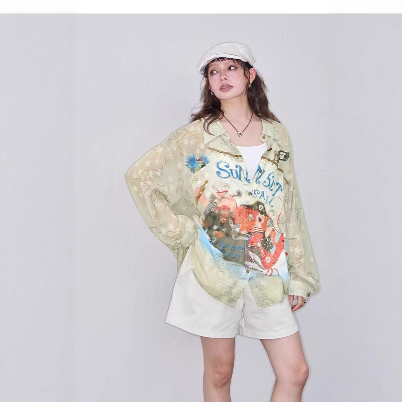 The Same Style in Stock, Original Fun Print Lightweight Long-Sleeve Shirt for Women, 206 Summer New Design Top