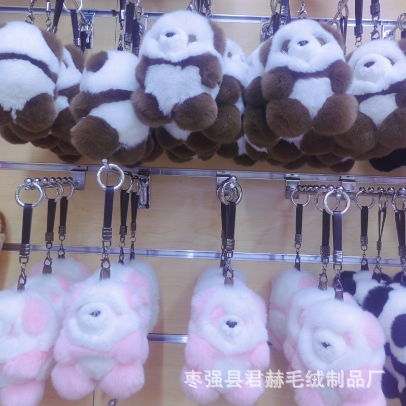 [Cute Little Panda] Verdadero Colgante de llavero de coche de piel de conejo Rex Muñeca de felpa Bolsa Decoración Regalo