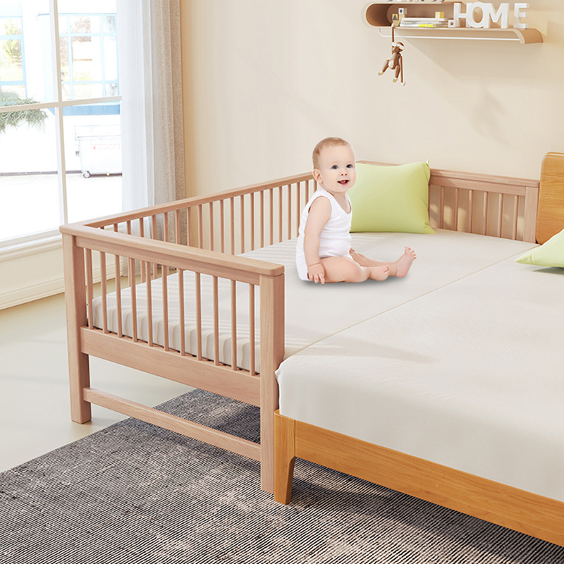 棋木家私兒童床帶護欄榉木拼床寶寶邊床嬰兒小床加寬拼接大床延邊