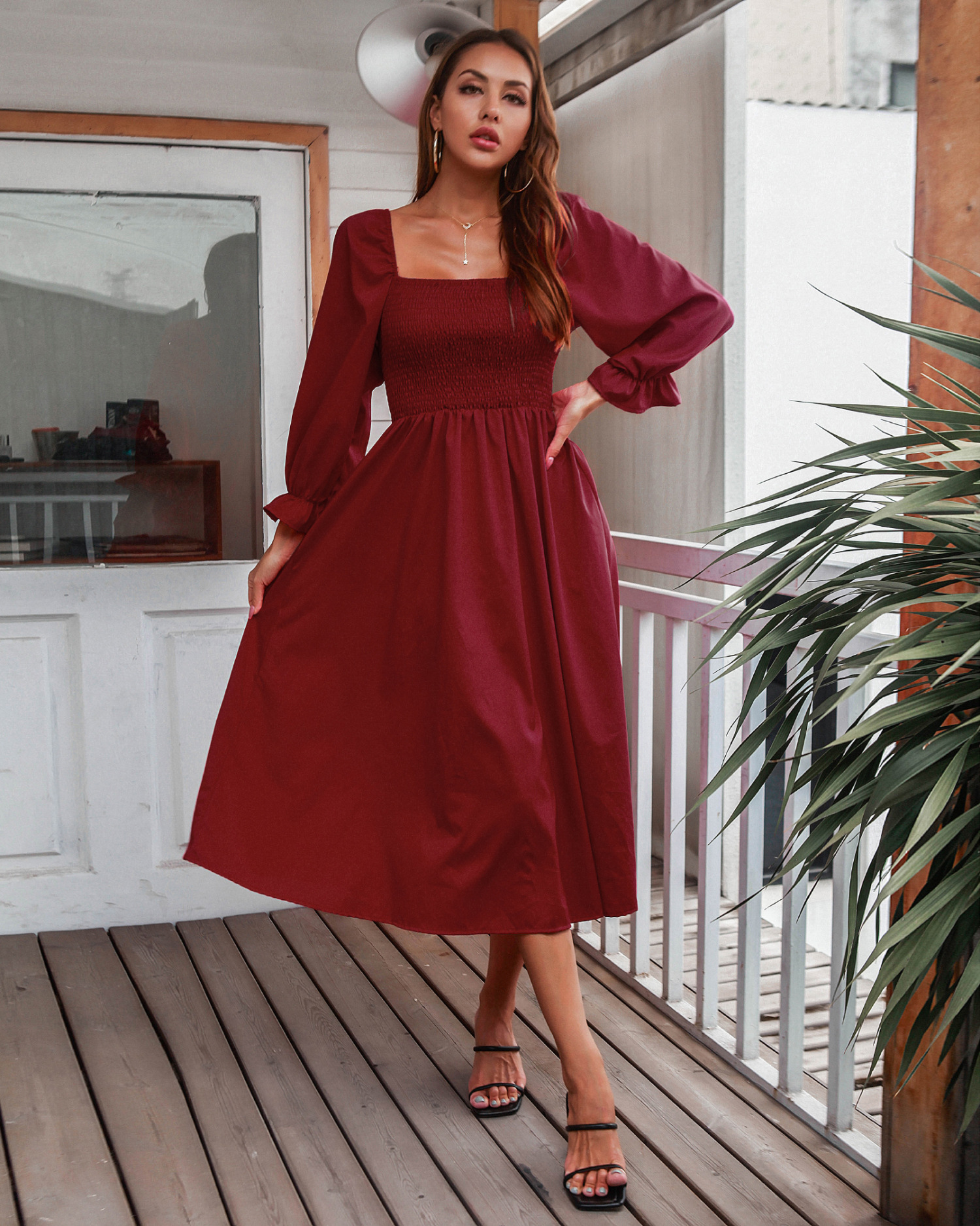 Flared Sleeve Long-Sleeved Pleated Dress NSMY84390