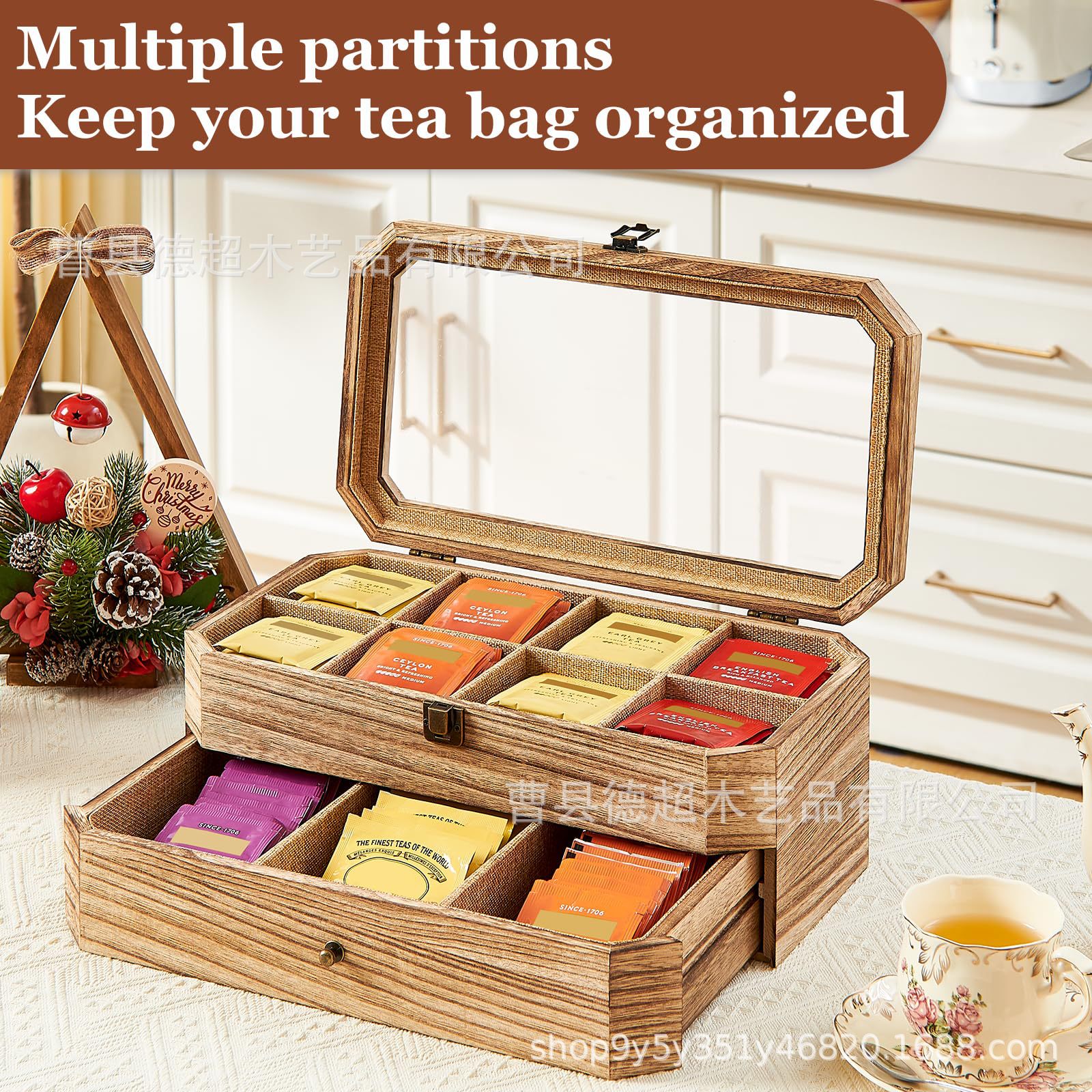 Wooden Tea Bag Storage Box Flip-Top Double-Layer Spice Black Tea Tea Partition Storage Box Kitchen Display Storage Box