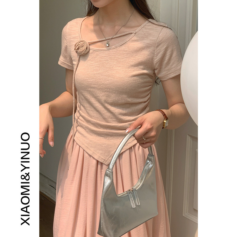 [Oufan] trendy national style three-dimensional camellia irregular hem small shirt women's drawstring waist top 9766