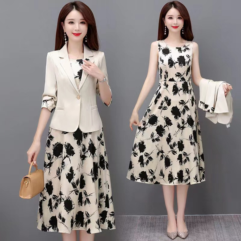 Two-Piece Blazer Set with Vest and Floral Dress for Women, Spring and Autumn 2026 New Summer Style, Elegant and Slimming Outfit