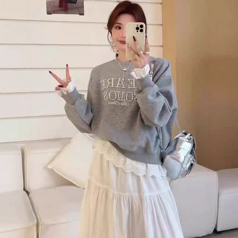 Korean Style Loose Heavy Beaded Lace Patchwork Sweatshirt for Women 2025 Spring New Fashion Versatile Jacket for Women Trendy