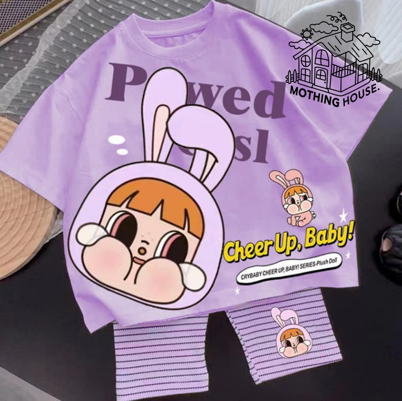 外贸儿童套装夏季新款卡通印花中小童女孩宝宝短袖条纹长裤两家套