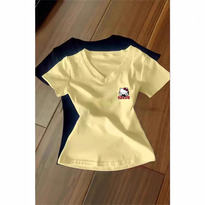 カレッジスタイルドーパミンイエローショルダー半袖レディース夏ウエストデザインkt猫スリムTシャツショートトップ|undefined